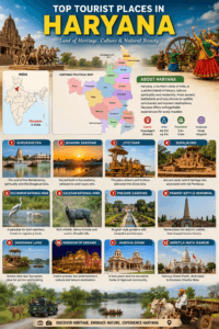 Top tourist places in Haryana featuring India map, Haryana political map, Kurukshetra, Surajkund, Sultanpur National Park, Pinjore Gardens, and Panipat.