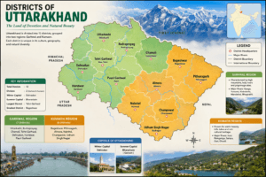 Political map of Uttarakhand showing all 13 districts, district headquarters, Garhwal and Kumaon regions.