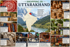 Shopping in Uttarakhand featuring Aipan art, Ringaal bamboo crafts, woollen shawls, Bal Mithai, Tibetan handicrafts, and India map with Uttarakhand highlighted.