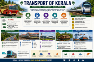 Transport of Kerala featuring KSRTC buses, Indian Railways, Cochin Port, Cochin International Airport, houseboats, highways, and metro rail.