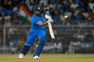 Virat Kohli playing a cover drive during a One Day International match for India.
