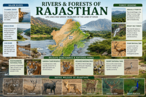 Rivers and forests of Rajasthan featuring the Chambal River, Banas River, Aravalli forests, Ranthambore, Sariska, Keoladeo, and Desert National Park.