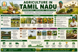 Agriculture of Tamil Nadu featuring paddy fields, Cauvery Delta, sugarcane, banana plantations, coconut trees, tea gardens, and farmers harvesting crops.