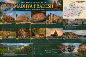 Top tourist places in Madhya Pradesh featuring Khajuraho, Sanchi Stupa, Gwalior Fort, Kanha National Park, Marble Rocks, Ujjain, and Omkareshwar.