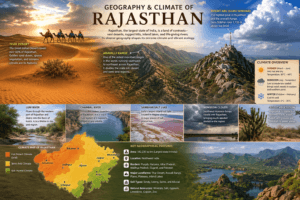 Geography and climate of Rajasthan featuring the Thar Desert, Aravalli Range, Mount Abu, Sambhar Lake, major rivers, and climate zones.