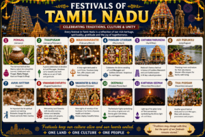 Festivals of Tamil Nadu featuring Pongal, Tamil New Year, Karthigai Deepam, Chithirai Festival, Thaipusam, Deepavali, and traditional cultural celebrations.
