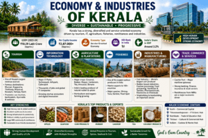 Economy and industries of Kerala featuring tourism, IT parks, spice plantations, Cochin Port, rubber plantations, fisheries, coir industry, and manufacturing.