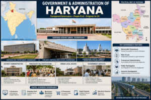 Government and administration of Haryana featuring Haryana Vidhan Sabha, Punjab and Haryana High Court, Chandigarh Capitol Complex, India map with Haryana highlighted, and political map.
