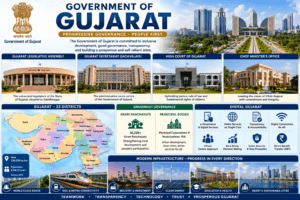 Government of Gujarat featuring the Gujarat Legislative Assembly, Secretariat, High Court, Gandhinagar, administrative districts, and modern governance.