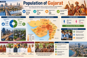 Population of Gujarat infographic showing population statistics, literacy rate, population density, Ahmedabad, Surat, tribal communities, and demographic highlights.