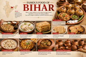 Famous food of Bihar featuring Litti Chokha, Sattu Paratha, Khaja, Tilkut, Makhana Kheer, and India map with Bihar highlighted.