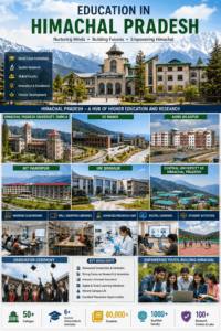 Education in Himachal Pradesh featuring Himachal Pradesh University, IIT Mandi, AIIMS Bilaspur, NIT Hamirpur, IIM Sirmaur, students, libraries, and modern educational institutions.