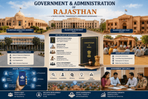 Government and administration of Rajasthan featuring the Legislative Assembly, Secretariat, High Court, district administration, and digital governance.