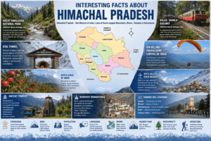 Interesting facts about Himachal Pradesh featuring Great Himalayan National Park, Kalka-Shimla Railway, Atal Tunnel, Bir Billing, apple orchards, and the Himalayas.