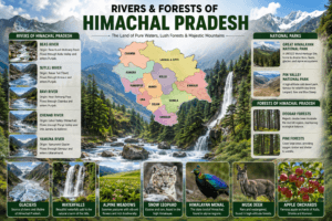 Rivers and forests of Himachal Pradesh featuring the Beas River, Sutlej River, Great Himalayan National Park, deodar forests, Snow Leopard, Himalayan Monal, and alpine landscapes.