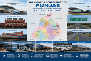 Transport and connectivity of Punjab featuring Amritsar International Airport, Chandigarh Airport, railway stations, highways, Punjab Roadways buses, and expressways.