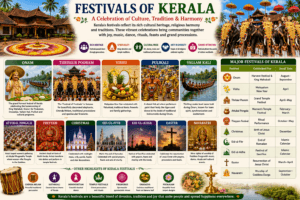 Festivals of Kerala featuring Onam, Thrissur Pooram, Vishu, Pulikali, snake boat race, decorated elephants, Pookalam, and Chenda Melam.