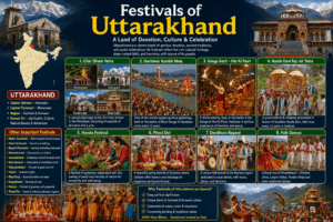 Festivals of Uttarakhand featuring Char Dham Yatra, Haridwar Kumbh Mela, Harela, Nanda Devi Raj Jat Yatra, folk dances, and India map with Uttarakhand highlighted.