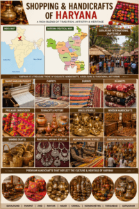 Shopping and handicrafts of Haryana featuring India map, Haryana political map, Surajkund Crafts Mela, Panipat handlooms, carpets, Phulkari embroidery, pottery, and local markets.