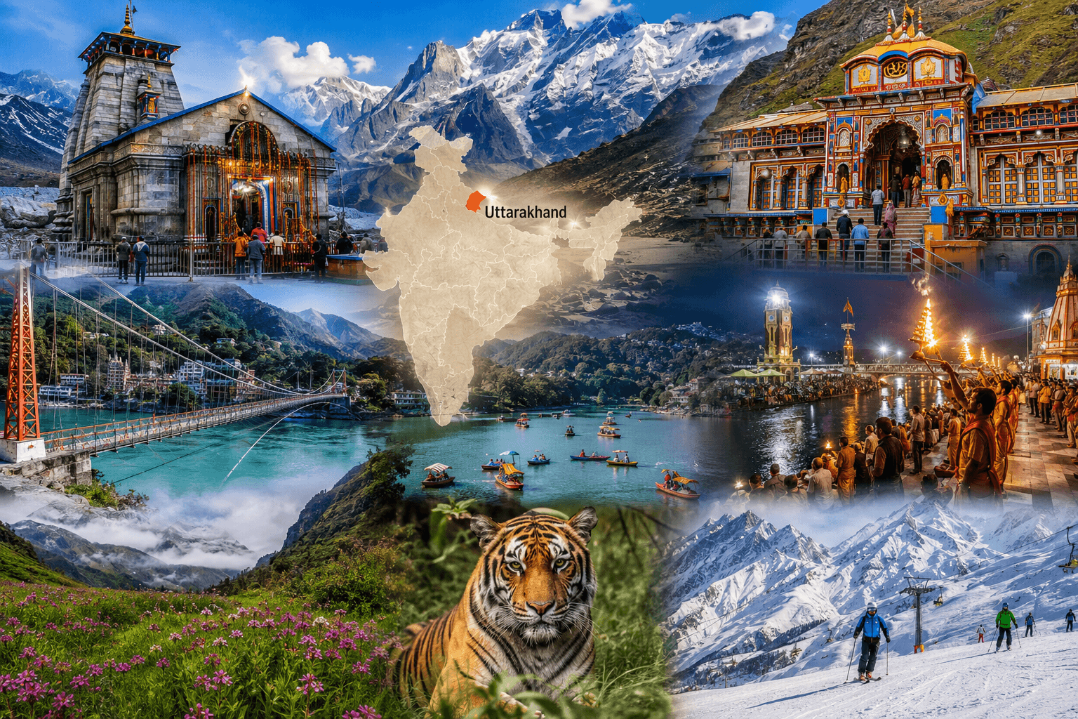Political map of India with Uttarakhand highlighted, showing the Himalayan region, Char Dham temples, and major tourist attractions.