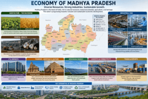 Economy of Madhya Pradesh featuring agriculture, soybean farms, Panna Diamond Mines, industries, tourism, and manufacturing hubs.