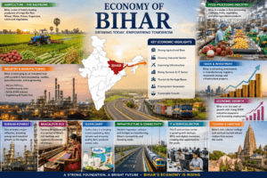 Economy of Bihar featuring agriculture, food processing, Barauni Refinery, Bhagalpuri Silk, tourism, and India map with Bihar highlighted.