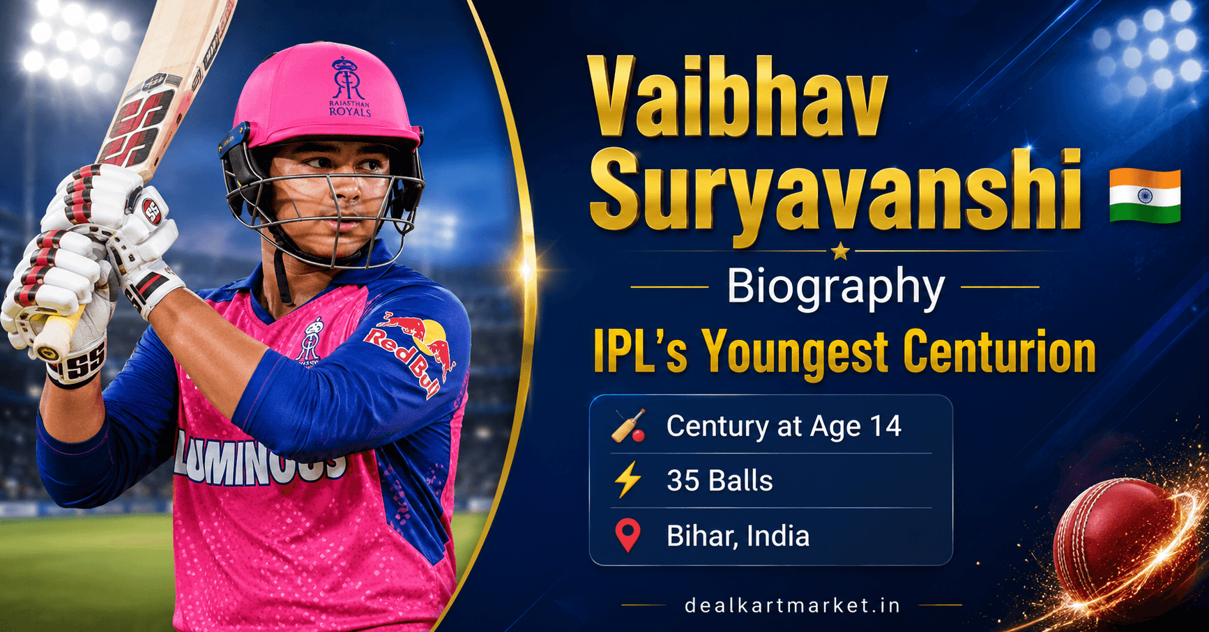 Vaibhav Suryavanshi biography featured image showing the young Rajasthan Royals cricketer with IPL's youngest centurion title and career highlights.