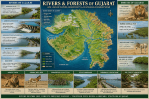 Rivers and forests of Gujarat showing the Narmada River, Sardar Sarovar Dam, Sabarmati Riverfront, Gir Forest, mangroves, and major wildlife sanctuaries.