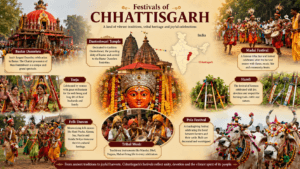 Festivals of Chhattisgarh featuring Bastar Dussehra, Madai Festival, Hareli, Pola, Teeja, tribal dances, decorated chariots, and Goddess Danteshwari.