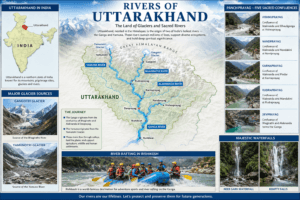 Major rivers of Uttarakhand featuring the Ganga, Yamuna, Alaknanda, Bhagirathi, Gangotri Glacier, Devprayag, and India map with Uttarakhand highlighted.
