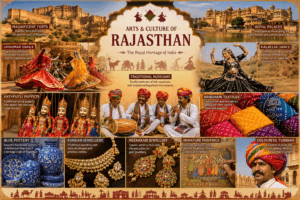 Arts and culture of Rajasthan featuring Ghoomar, Kalbelia, Kathputli, Bandhani, blue pottery, miniature paintings, and royal heritage.