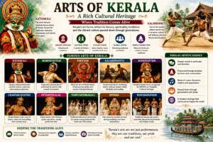 Arts of Kerala featuring Kathakali, Mohiniyattam, Theyyam, Kalaripayattu, Koodiyattam, Chakyar Koothu, Ottamthullal, and traditional Kerala performances.