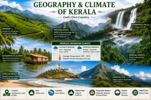 Geography and climate of Kerala featuring the Western Ghats, Munnar tea gardens, backwaters, Arabian Sea coastline, tropical forests, and Anamudi Peak.