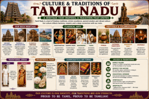 Culture and traditions of Tamil Nadu featuring Bharatanatyam dance, Carnatic music, Kanchipuram silk sarees, Thanjavur paintings, bronze sculptures, temple architecture, and traditional festivals.