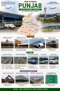 How to reach Punjab featuring Amritsar International Airport, Chandigarh Airport, railway stations, highways, Punjab Roadways buses, Vande Bharat Express, and expressways.