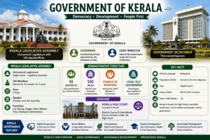 Government of Kerala featuring the Kerala Legislative Assembly, Government Secretariat, state emblem, and administrative system.