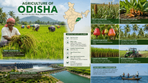 Agriculture of Odisha featuring rice fields, millet cultivation, turmeric, cashew plantations, coconut farms, irrigation canals, and India map highlighting Odisha.
