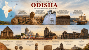 History of Odisha featuring the Kalinga War, Emperor Ashoka, King Kharavela, Konark Sun Temple, Jagannath Temple, and the ancient Kingdom of Kalinga.