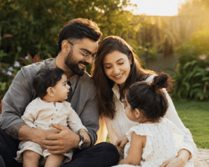 Virat Kohli spending quality time with his wife Anushka Sharma and their children in a peaceful garden.