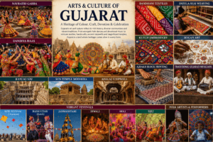 Arts and culture of Gujarat featuring Garba, Dandiya, Bandhani textiles, Patola silk, Kutch embroidery, Rani ki Vav, and traditional folk art.