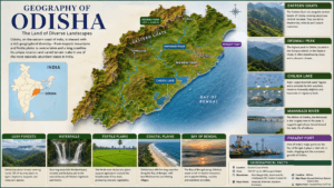Geography of Odisha featuring the Eastern Ghats, Deomali Peak, Chilika Lake, Mahanadi River, coastal plains, Bay of Bengal, and India map highlighting Odisha.