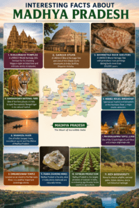 Interesting facts about Madhya Pradesh featuring Khajuraho, Sanchi, Bhimbetka, Bandhavgarh Tiger, Marble Rocks, Narmada River, and Panna Diamond Mines.