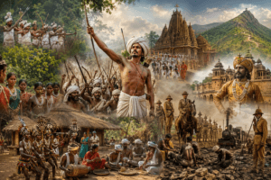 Historical collage depicting the history of Jharkhand from tribal kingdoms to the Birsa Munda movement.