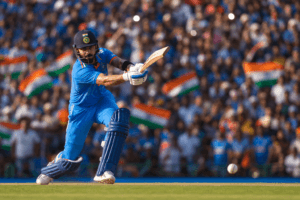 Virat Kohli celebrating a century for India by raising his bat and helmet in front of a packed cricket stadium.