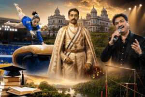 Collage of Maharaja Bir Bikram Kishore Manikya, gymnast Dipa Karmakar, singer Kumar Sanu, and Ujjayanta Palace representing Tripura's notable personalities