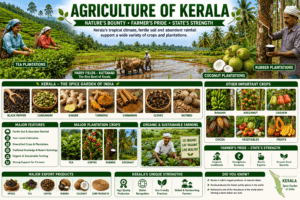 Agriculture of Kerala featuring coconut plantations, tea gardens, spice plantations, rubber trees, paddy fields, banana farms, and farmers harvesting crops.