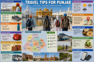 Travel tips for Punjab featuring Golden Temple etiquette, backpacks, weather icons, Punjabi food, shopping, Punjab Roadways buses, and travel essentials.