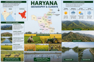Geography and climate of Haryana featuring India map, Haryana political map, Shivalik Hills, Aravalli Range, Yamuna River, mustard fields, and seasonal weather.