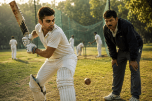 Young Virat Kohli practicing cricket during his childhood at a local cricket ground in Delhi.