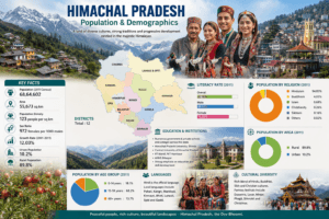 Population and demographics of Himachal Pradesh featuring traditional Himachali people, Shimla, rural villages, literacy, cultural diversity, and demographic statistics.